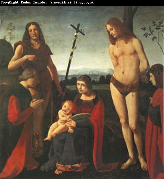 BOLTRAFFIO, Giovanni Antonio The Virgin and Child with Saints John the Baptist and Sebastian Between Two Donors (mk05)